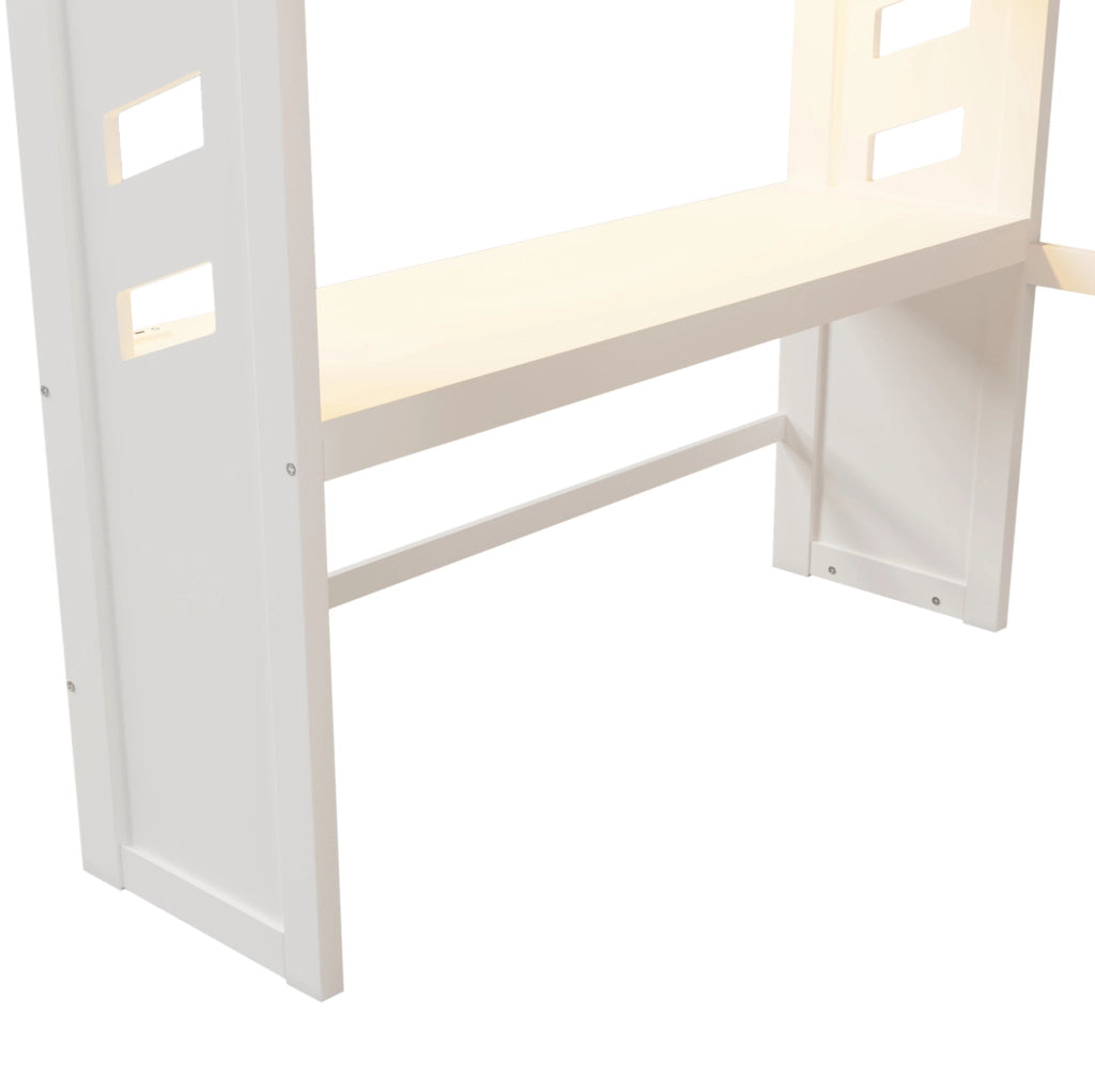 Letto a soppalco ULEVR 140x200 cm con scrivania, 2 cassetti, LED, USB e Type-C, bianco