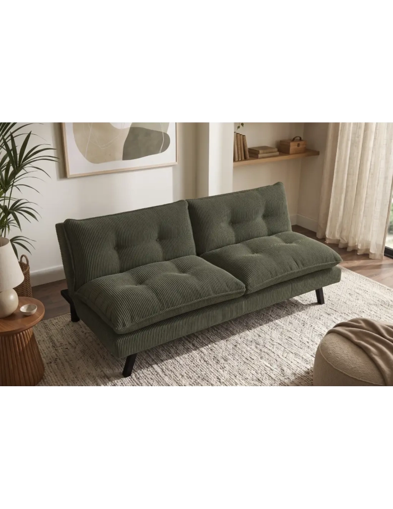 Divano letto AZENA 3 posti in tessuto a coste – Verde scuro e nero – 190 x 80 x 90 cm