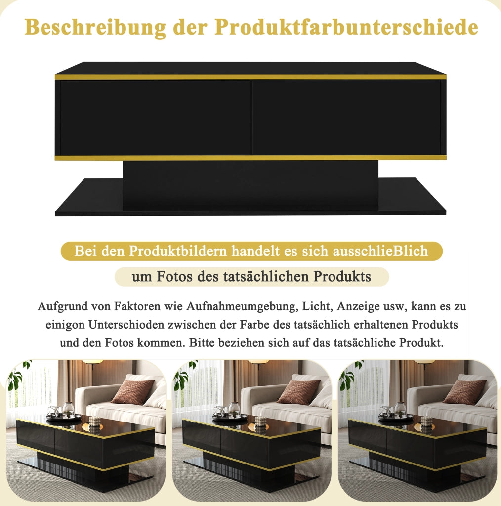 Tavolino da caffè LED nero con 3 cassetti e dettagli dorati