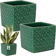 Vaso di Cottura Ceramico Quadrato Vintage Blu Turquesa 13x13cm Altezza: 13cm Cottura a Fuoco Glasa 2 Pezzi Vaso per Piante da Interno