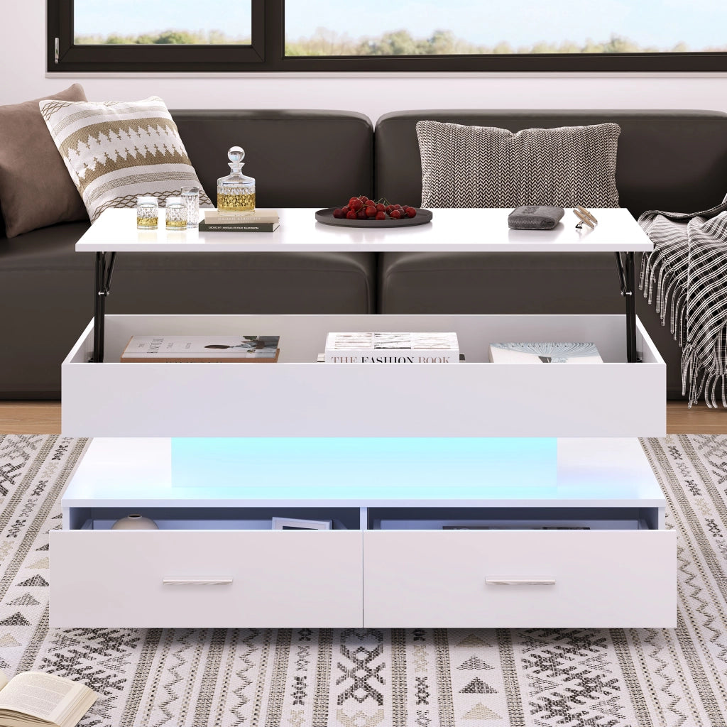 Tavolino da caffè con 2 cassetti; vano aperto e LED - per soggiorno - 100×50×44 cm
