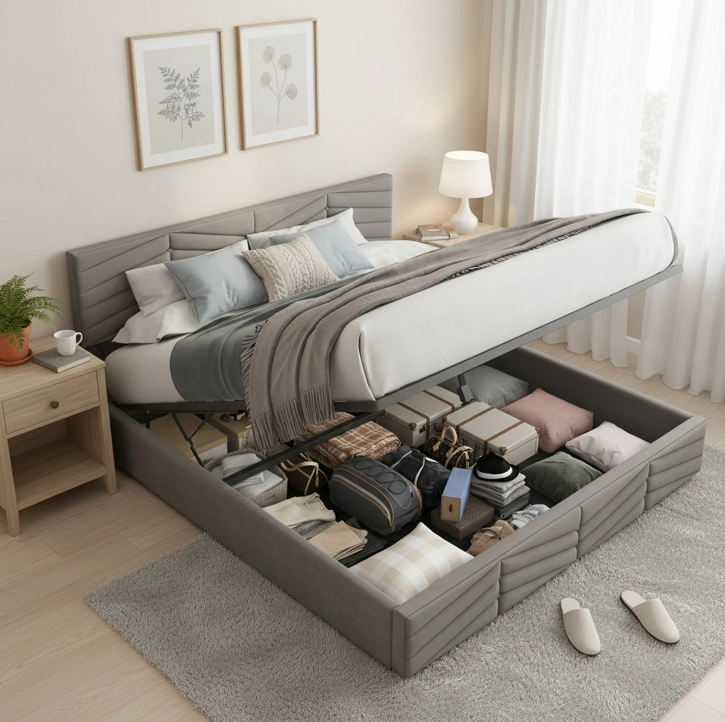Letto imbottito matrimoniale 140x200 in velluto grigio con contenitore e testiera regolabile