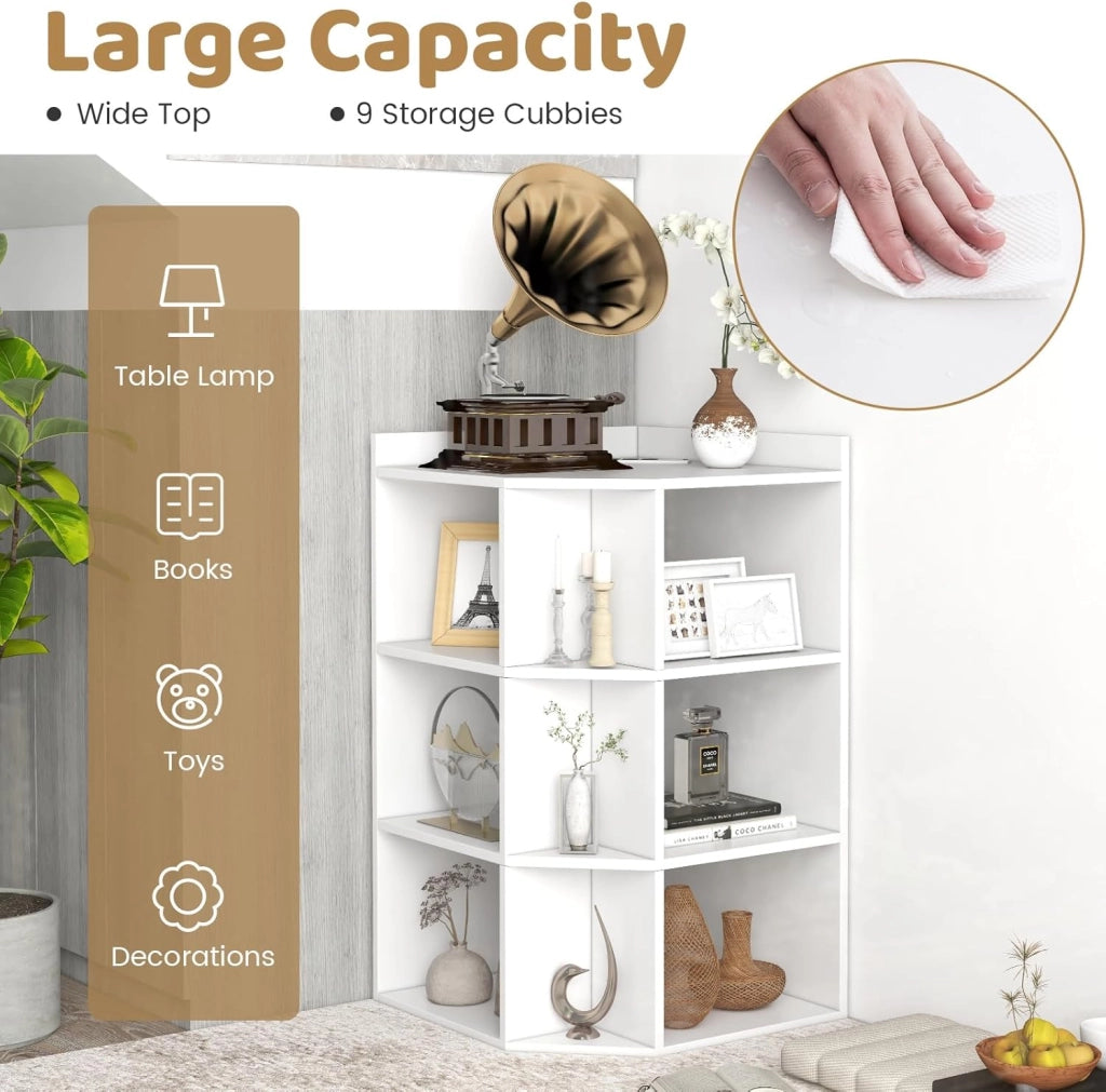 Libreria Angolare Triangolare con 3 Ripiani e 9 Vani Aperti, Presa di Ricarica Integrata, 51 x 71,5 x 86 cm, per Soggiorno e Studio (Bianco)