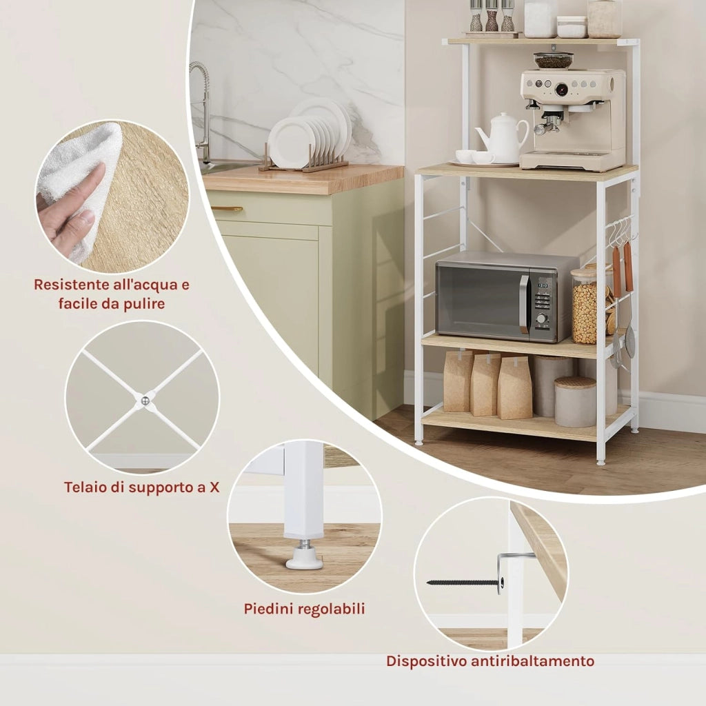 Scaffale per Cucina in Acciaio Legno 4 Ripiani Carrello per Microonde Scaffalature Organizzatore 60x40x123 cm