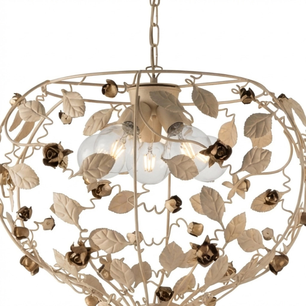 Lampadario Shabby Chic Bella Metallo Avorio Oro 5 Luci E27