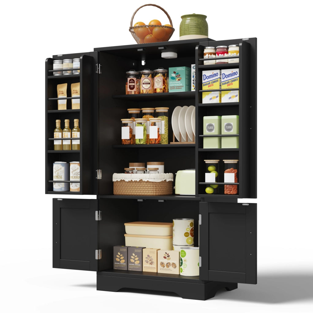 Credenza alta moderna 120x60x40 cm in MDF, 4 ante, con luce LED a sensore, nero
