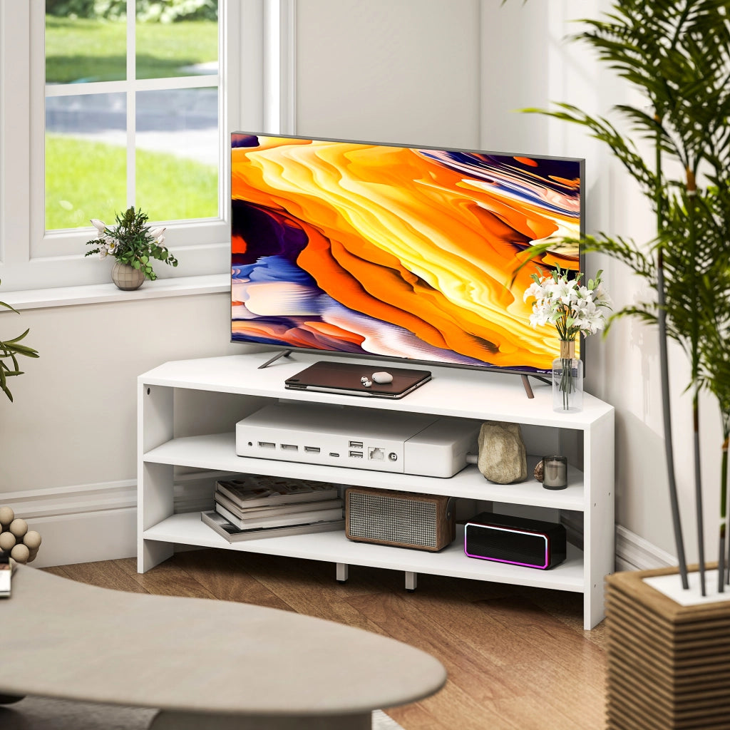 Mobile TV ad Angolo per 47" Max 110x36x45 cm con 2 Ripiani a Giorno in Legno Bianco