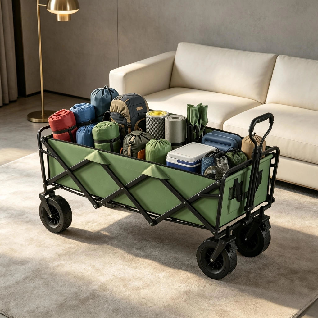 CARRELLO DA GIARDINO PIEGHEVOLE 133x56x100 cm VERDE METALLO E TESSUTO OXFORD
