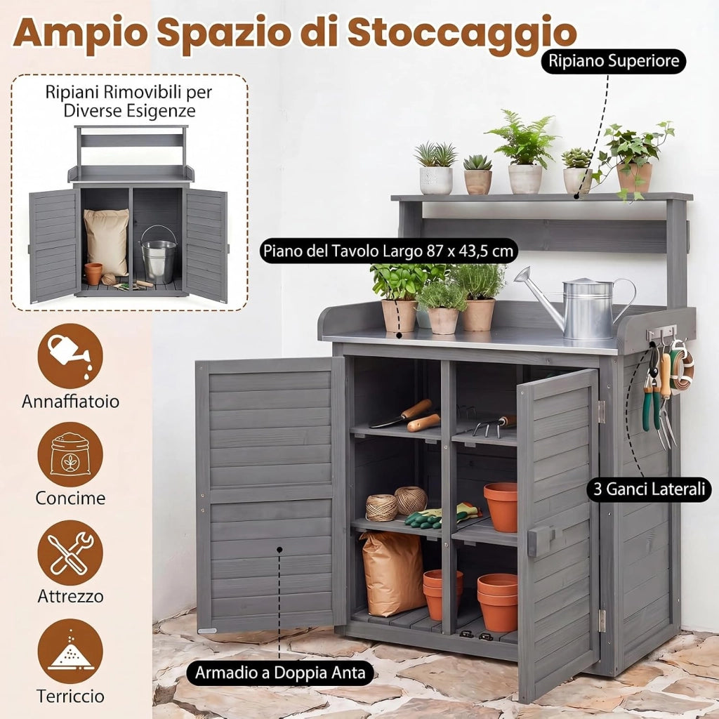 Armadietto da Esterno in Legno a 2 Livelli (Grigio) | con Piano in Metallo Zincato, 3 Ganci Appendiabiti, Ripiani Rimovibili e Ante a Doghe, da Giardino, Balcone e Cortile