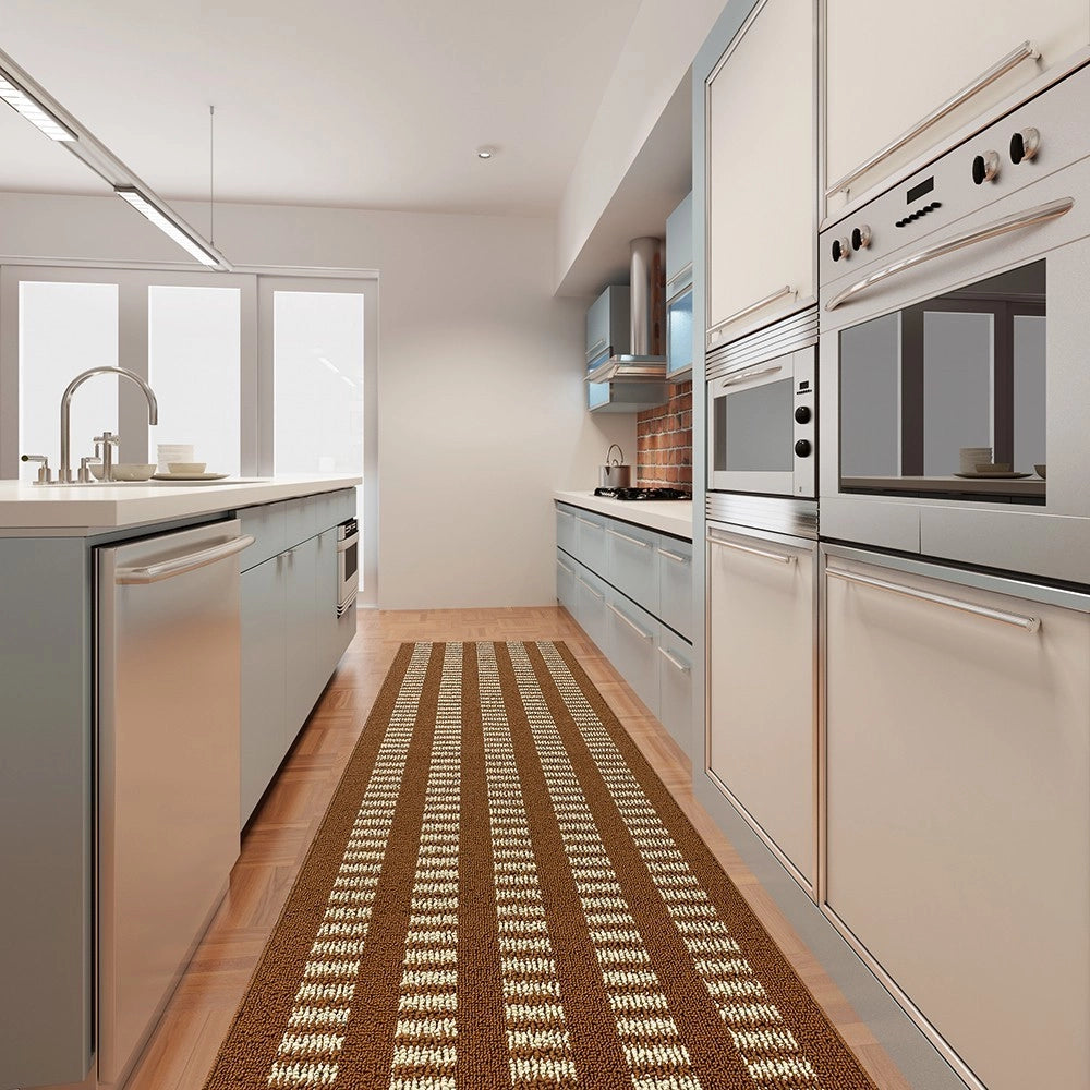 Tappeto Cucina Morbido 3D Assorbente Lavabile Antiscivolo Passatoia Bordata A Righe 50x110 Marrone