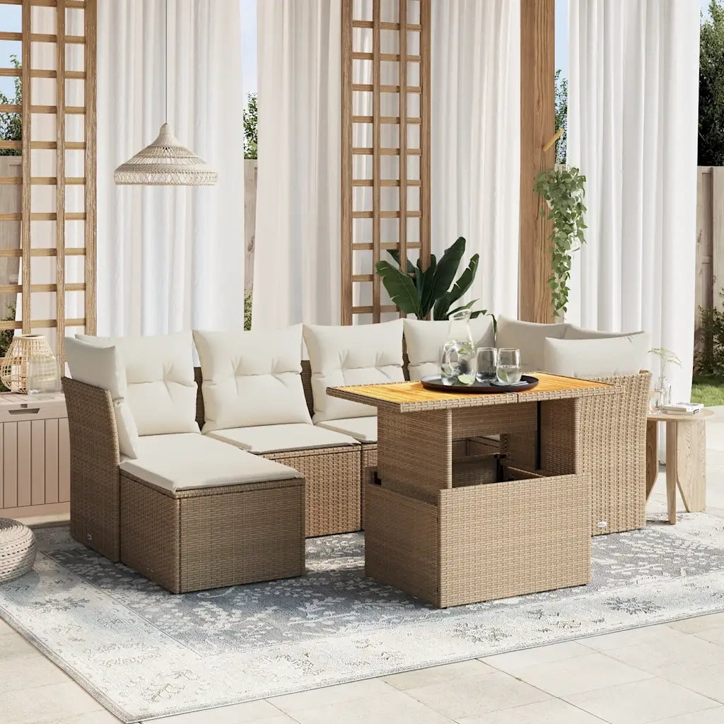 Set Divani da Giardino 7 pz con Cuscini Beige in Polyrattan
