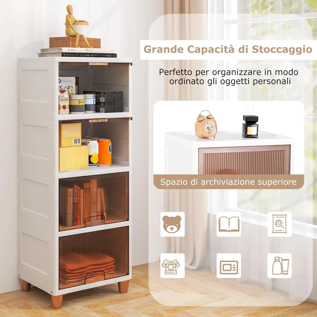 Contenitori Impilabili a 4 Livelli, 150L Scatole di Stoccaggio con Coperchio e Porte Magnetiche, Set da 4 Contenitori in Plastica per Camera da Letto Soggiorno Cucina, 45x38x117 cm