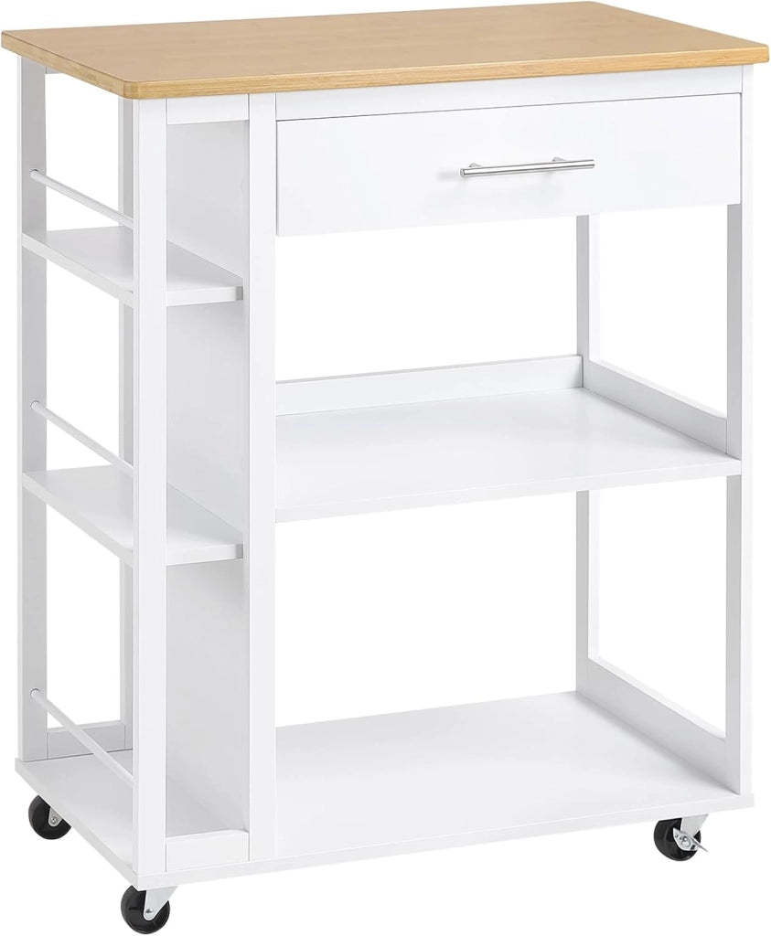 Carrello con Ruote, Isola da Cucina, Carrello Portaoggetti con Piano di Lavoro Cassetto Ripiani Aperti, Contenitore per Sala da Pranzo/Bagno/Cucina, 73x38x88 cm, Effetto Bambù + Bianco, RW051eiw