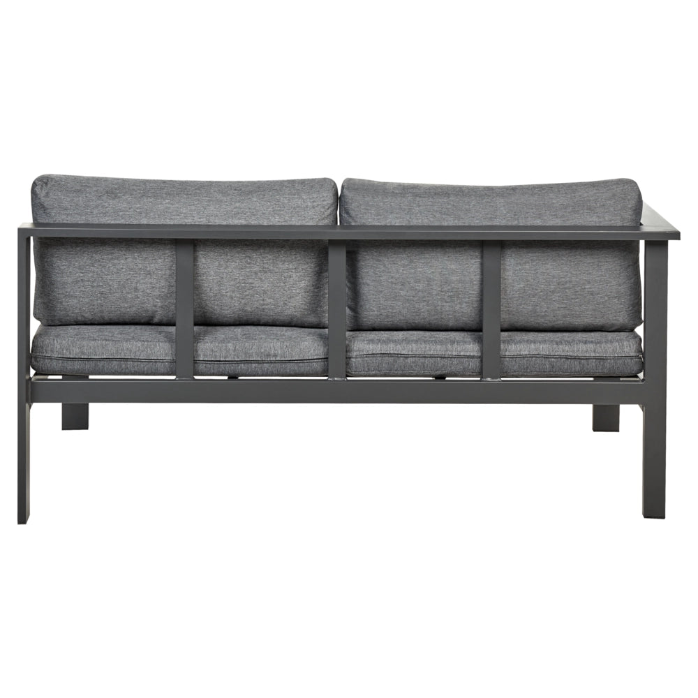 Set da giardino 5 posti in alluminio nero e grigio con divano e cuscini beige e tavolo a doghe set moderno scandinavo esterno