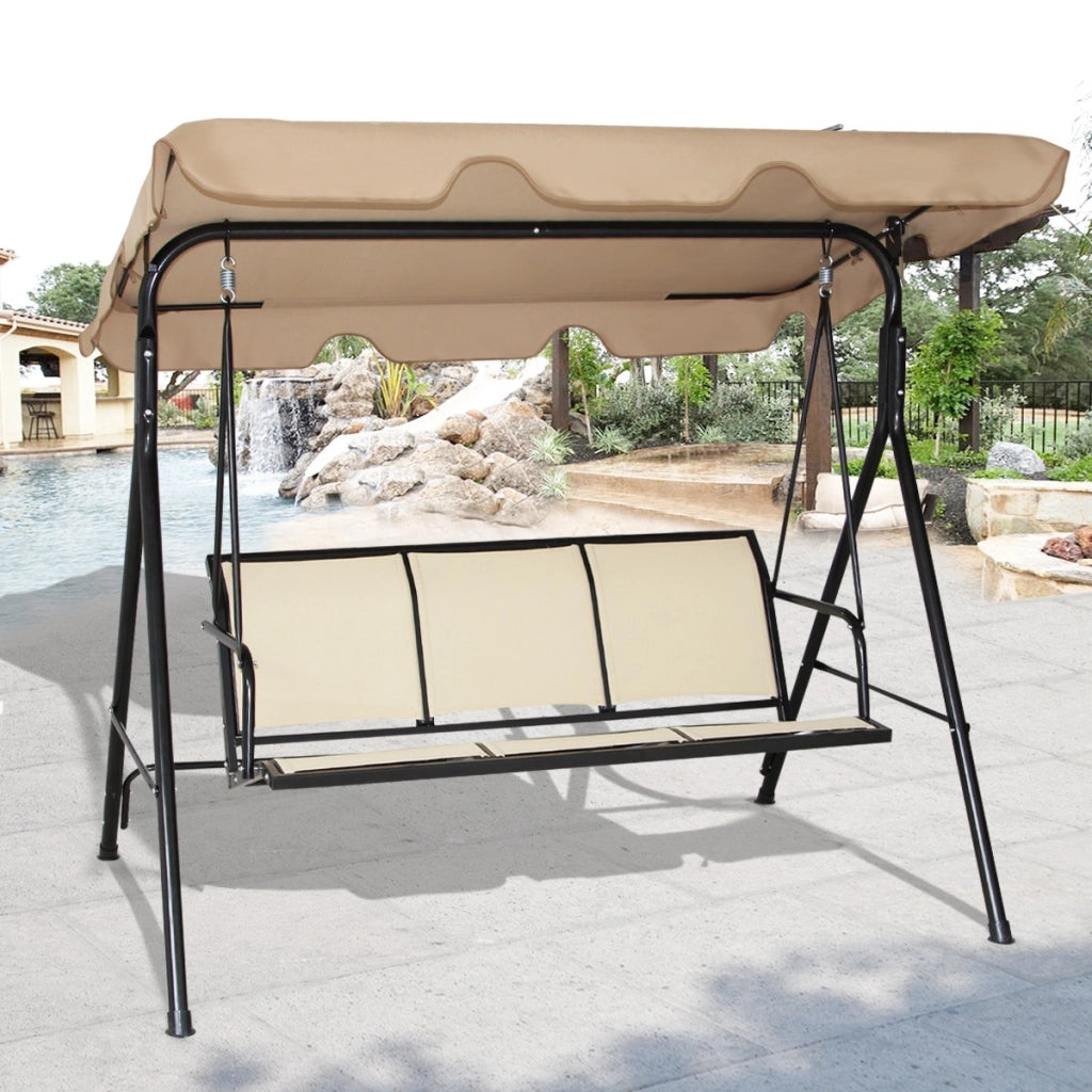 Dondolo a 3 posti con oscurante da giardino Altalena adulti da esterno 170x110x150cm Marrone chiaro-Dondoli