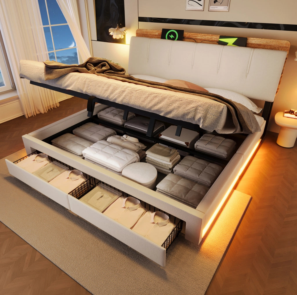 Letto imbottito con contenitore, USB e LED, 180x200 cm, beige