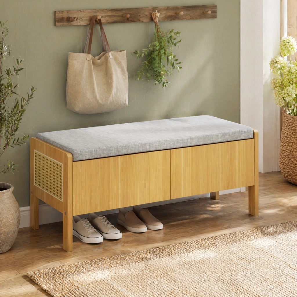 Panca contenitore con seduta, laterali in rattan, 2 cassetti, colore naturale e grigio, 113 ¡Á 45,5 ¡Á 40 cm