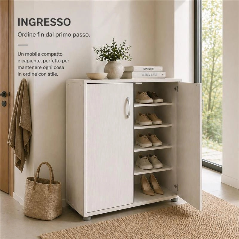 SCARPIERA IN MDF COLOR BIANCO LEGNO CON CINQUE RIPIANI E DUE ANTE DIMENSIONI 60X30X83.5 CM