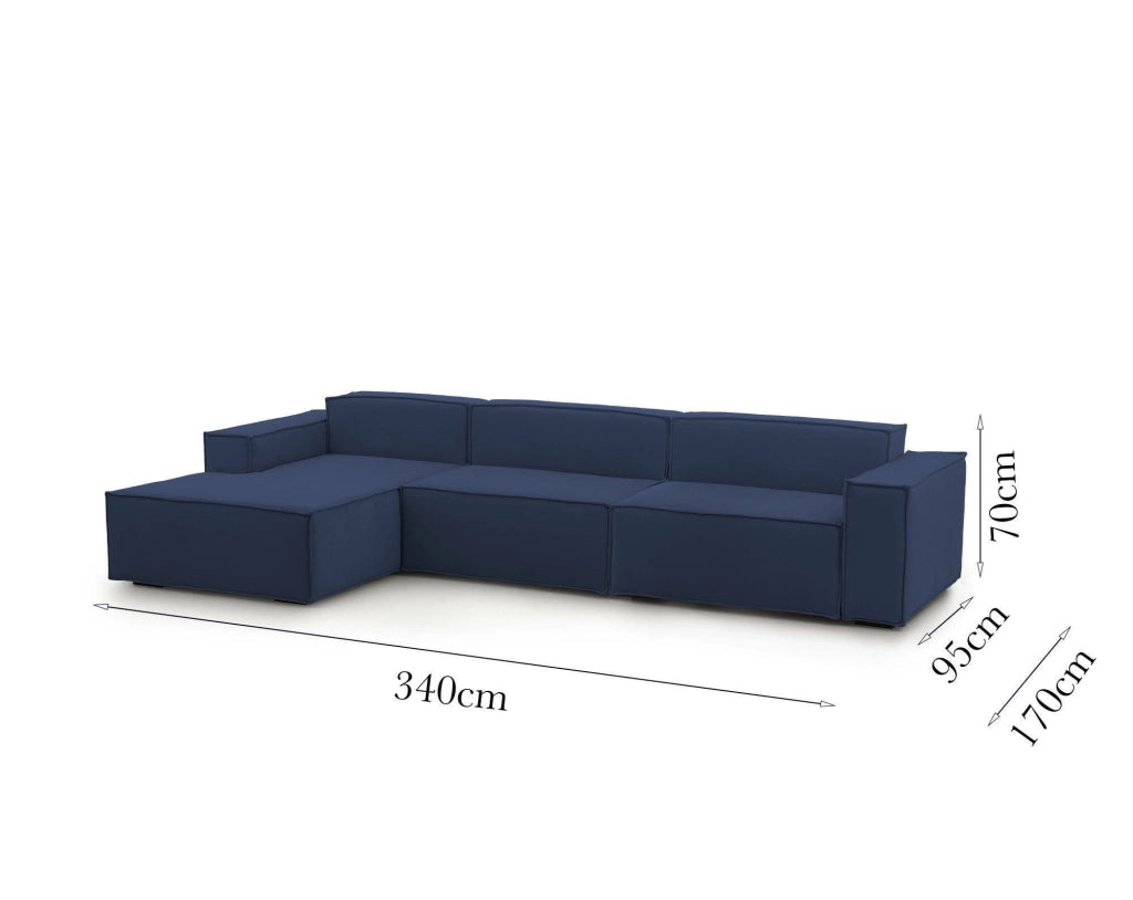 Divano fisso Atrillo, Divano componibile a 4 posti con penisola sinistra, Made in Italy, SofÒ  moderno in tessuto, Cm 340x170h70, Blu