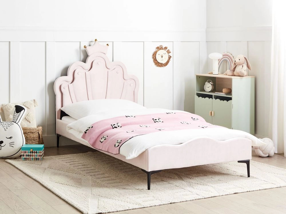 Letto singolo in velluto rosa con base a doghe 90 x 200 cm cameretta Camera Moderna Tradizionale