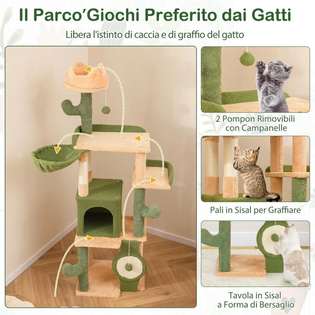 Tiragraffi 160cm, Albero per Gatti con Pali per Graffi in Sisal, Posti a Sedere Imbottiti, Giochi Appesi e Cuccia, Torre per Animali Domestici da Interno a Forma di Cactus, Verde