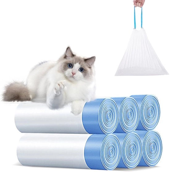 Zak di scopa per gatti con corda da trainare, sacchi di spazzatura con manico, sacchi di scopa per gatti auto pulenti, resistente alle graffi per animali domestici, gatti, cani, escrementi di cane, sabbia per gatti, 6 rotoli/90 pezzi