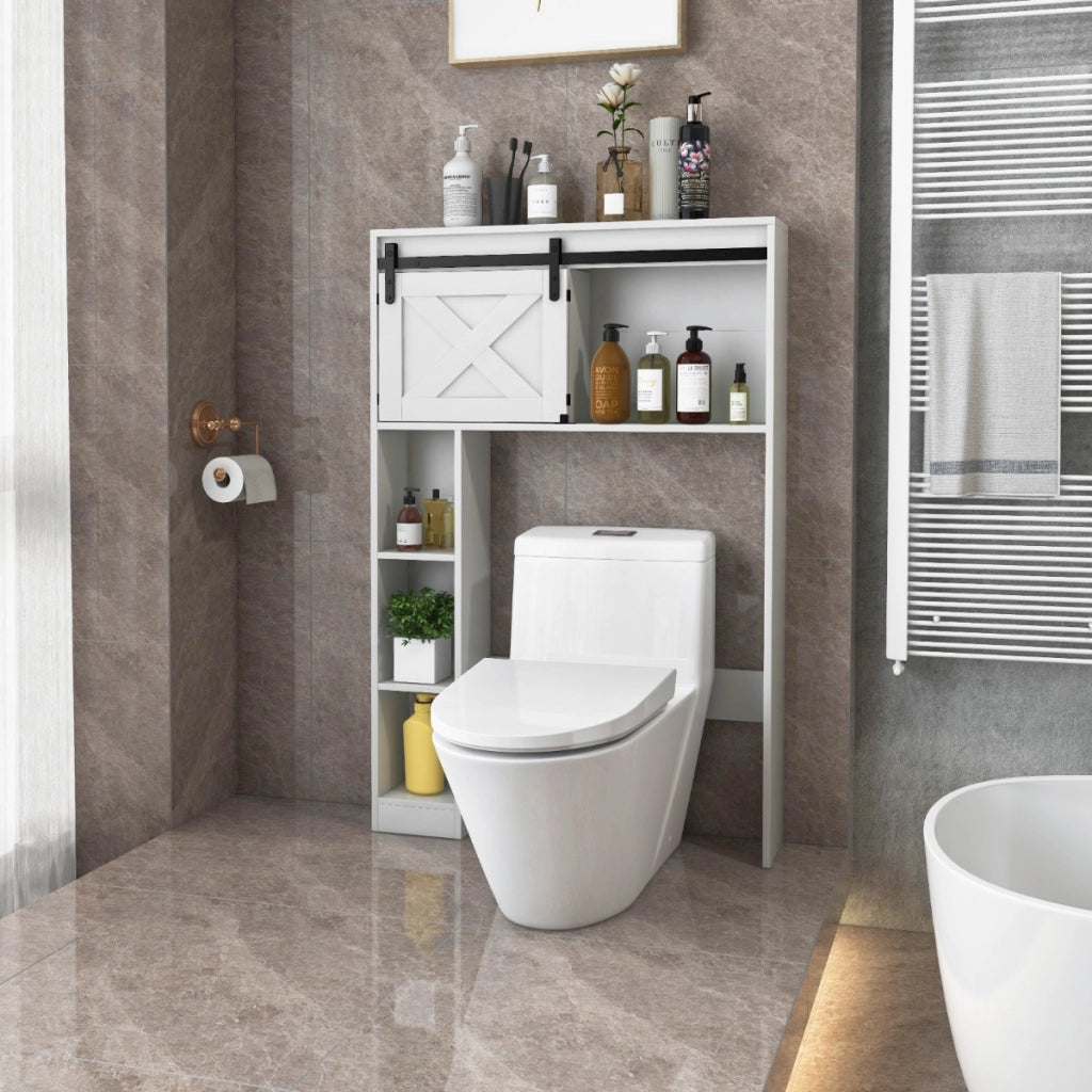Organizzatore da bagno indipendente con porta scorrevole ripiani di stoccaggio-Armadietto della toilette Bianco