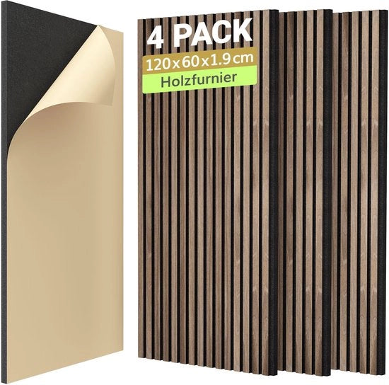 Pannelli acustici in legno con finitura fine, autoadesivi, 2,88 m² - 4 pezzi 120x60x1,9 cm pannelli per parete 3D look in legno, pannelli acustici per trattamento acustico e decorazione delle pareti, salotto, ufficio, noce