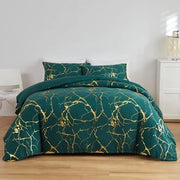 Set da letto, 135 x 200 cm, 2 pezzi, 1 x copriletto 135 x 200 cm e 1 x cuscino 80 x 80 cm, microfibra, retro, verde scuro, oro, marmo, per signora e signore, letto singolo, romantico