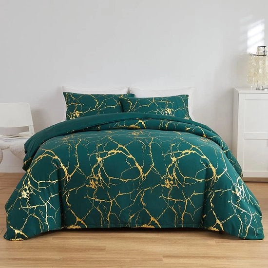 Set da letto, 135 x 200 cm, 2 pezzi, 1 x copriletto 135 x 200 cm e 1 x cuscino 80 x 80 cm, microfibra, retro, verde scuro, oro, marmo, per signora e signore, letto singolo, romantico