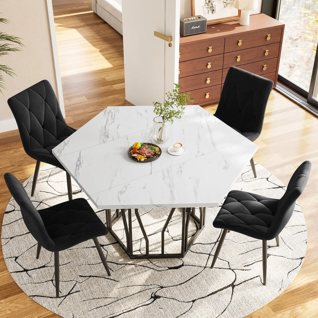 Tavolo da Pranzo con Piano Esagonale; Finitura Effetto Marmo e Base in Metallo Nero per Sala da Pranzo 115.5×100×75 cm