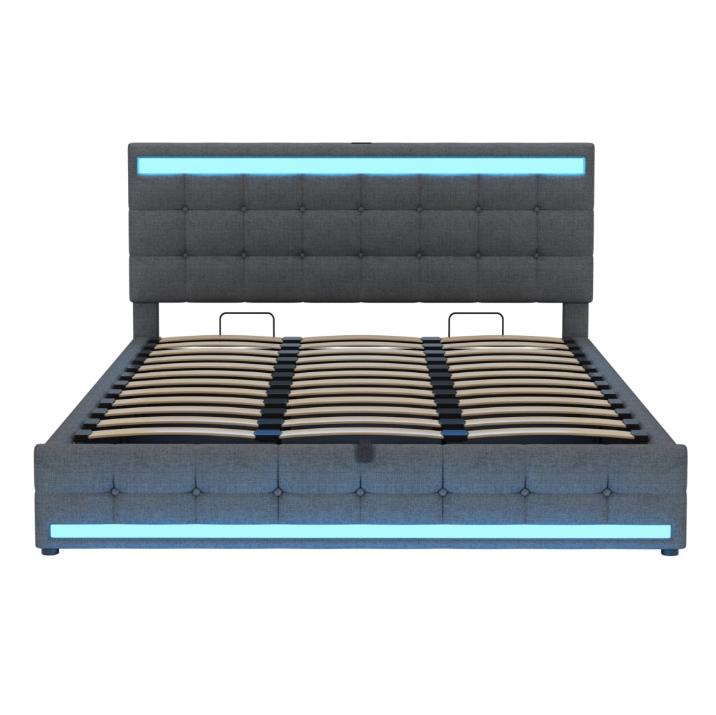 Letto imbottito matrimoniale 180x200 cm con contenitore idraulico, luci LED RGB e doppi ingressi USB grigio lino