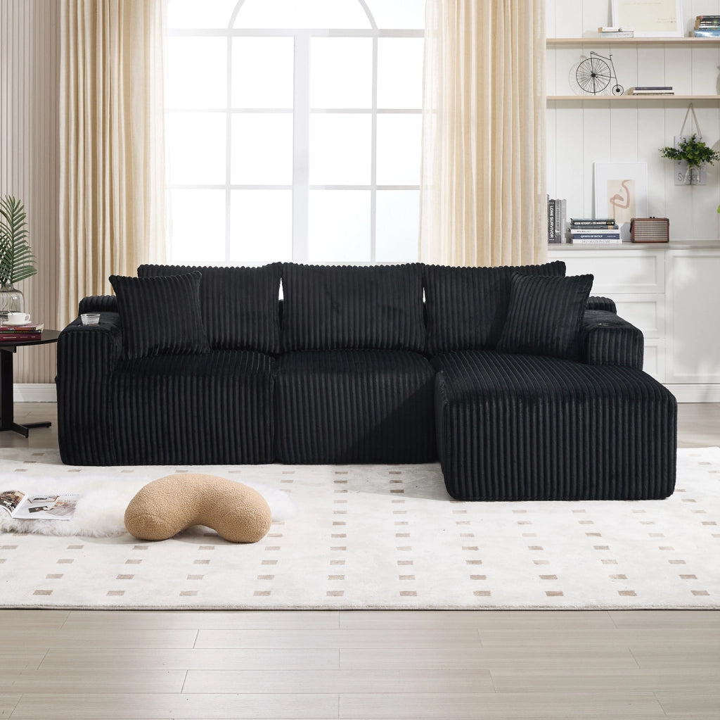 Divano modulare 257x160x62 cm tessuto nero, con chaise longue e 5 cuscini, per studio –