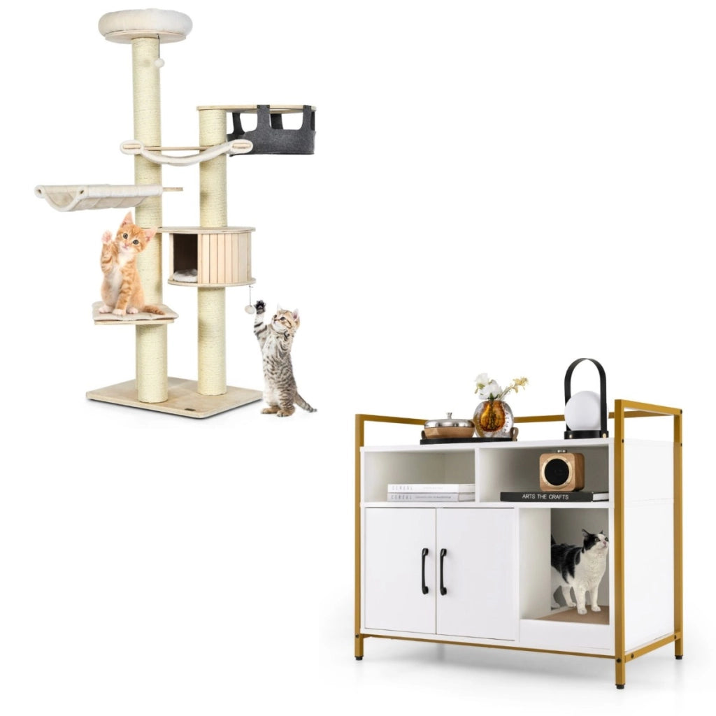 Albero gatti 197cm legno amache e toilette gatti cartone graffi, Albero per gatti e toilette nascosta gatti doppie porte-Gatti