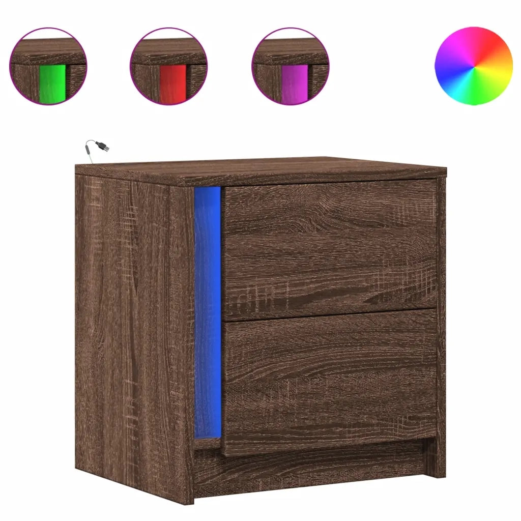 Set di 2 Comodini | Armadio da Notte | Mobiletto da notte con Luci LED Rovere Marrone in Legno Multistrato