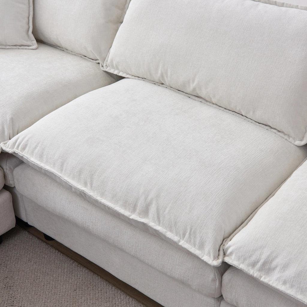 Divano angolare modulare 3 posti in ciniglia beige con pouf HOMVRA