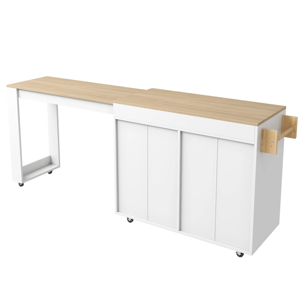 Isola cucina mobile con piano estraibile e tavolo snack; 132;5-217 x 50 x 93 cm; bianco