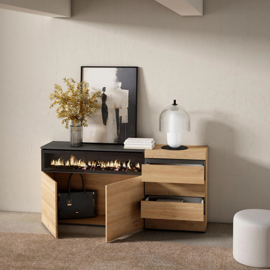 Credenza, 157x35x75cm, Camera da letto, Camino elettrico, Cassettiera, colore Rovere RF3410