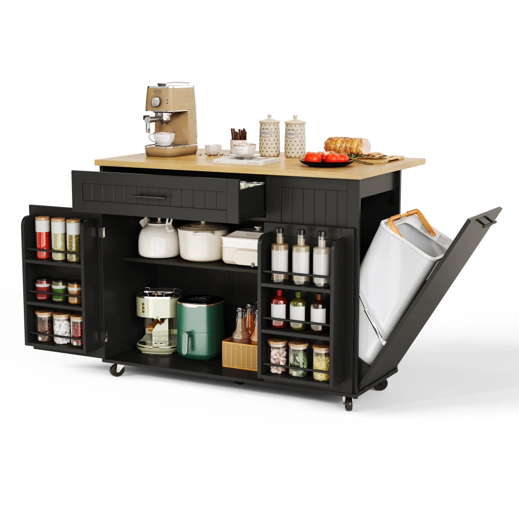 Isola da cucina mobile con piano ribaltabile, ruote bloccabili, credenza portaoggetti e vano rifiuti nascosto, 130x70x93 cm