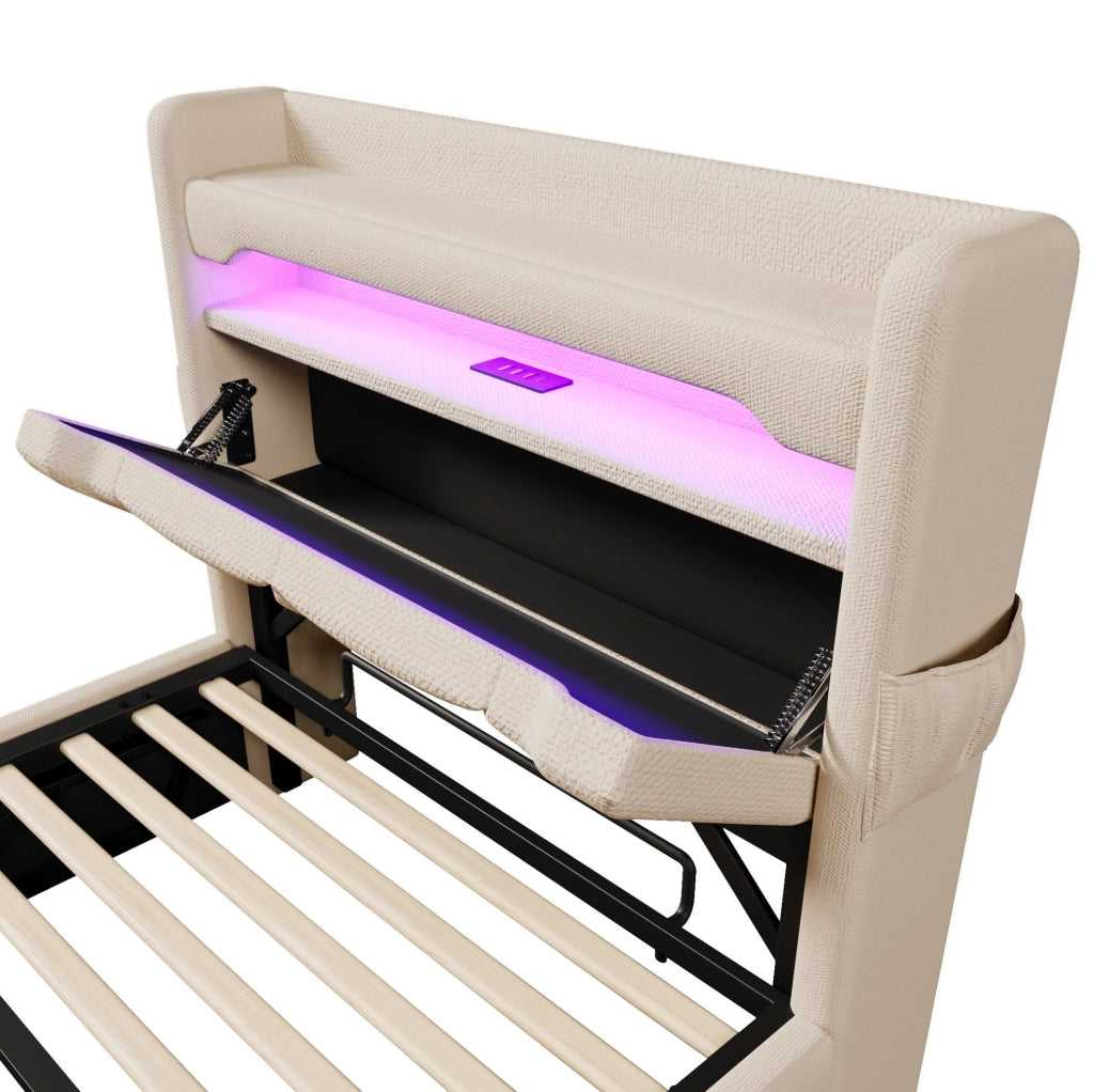 Letto singolo 90x200 cm con LED; 3 USB e USB C; contenitore idraulico; tessuto di lino beige
