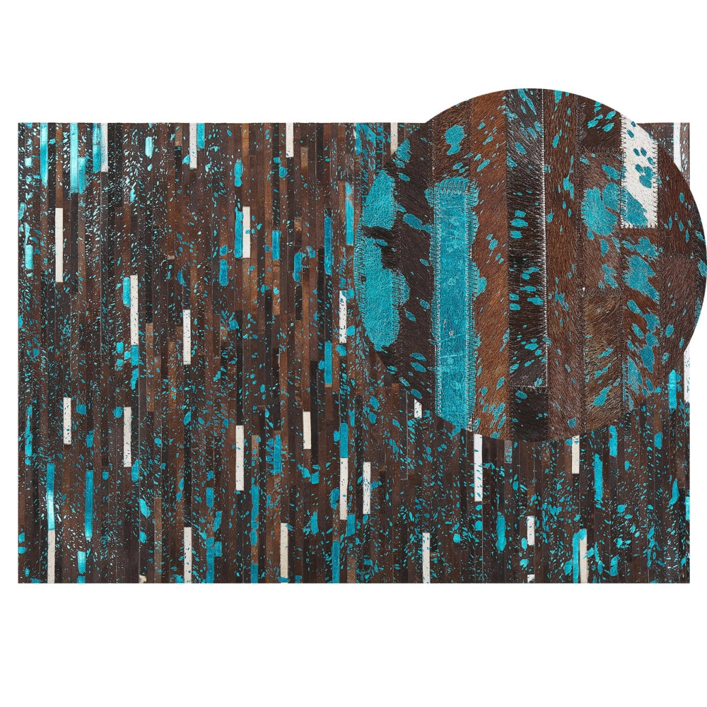 Tappeto tappetino Pelle Bovina Marrone e Blu 140 x 200 cm Superficie a Righe Patchwork