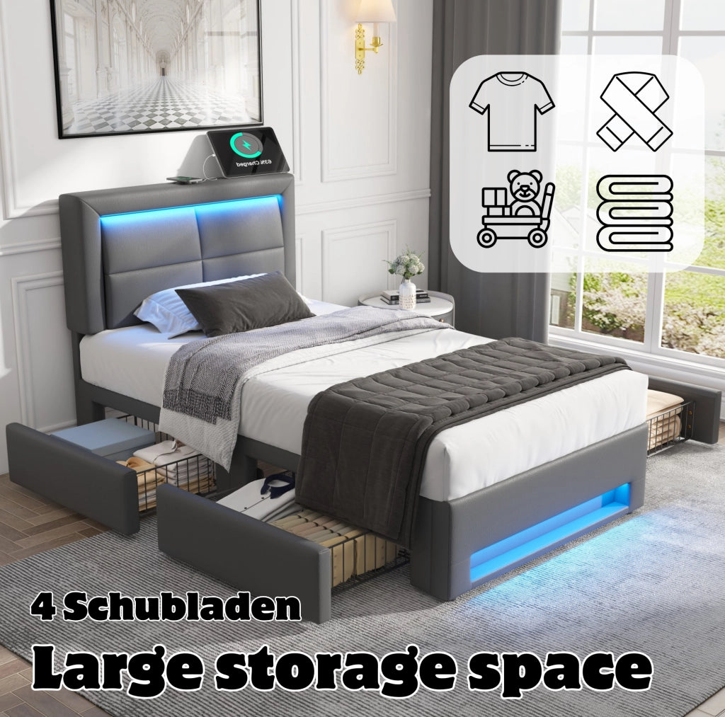 Letto imbottito 90x190 cm in PU grigio con USB; LED e quattro cassetti