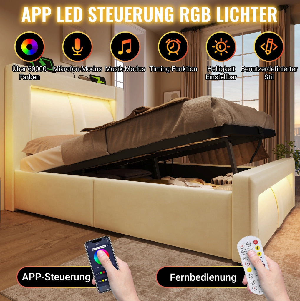 Letto matrimoniale 160x200 con contenitore LED e ricarica USB-C