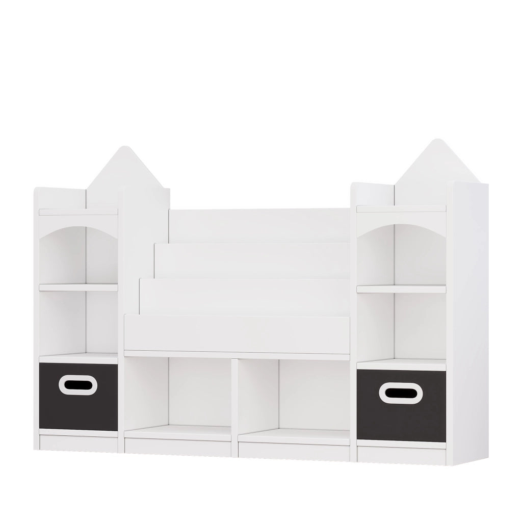 Libreria per bambini con 2 scatole pieghevoli, design a castello, bianco, MDF