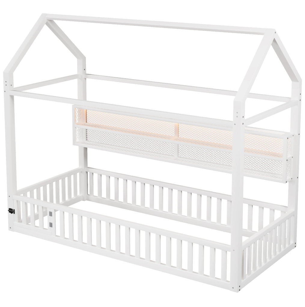 Letto per bambini a forma di casa 90x200 cm con recinto di sicurezza e LED; metallo bianco