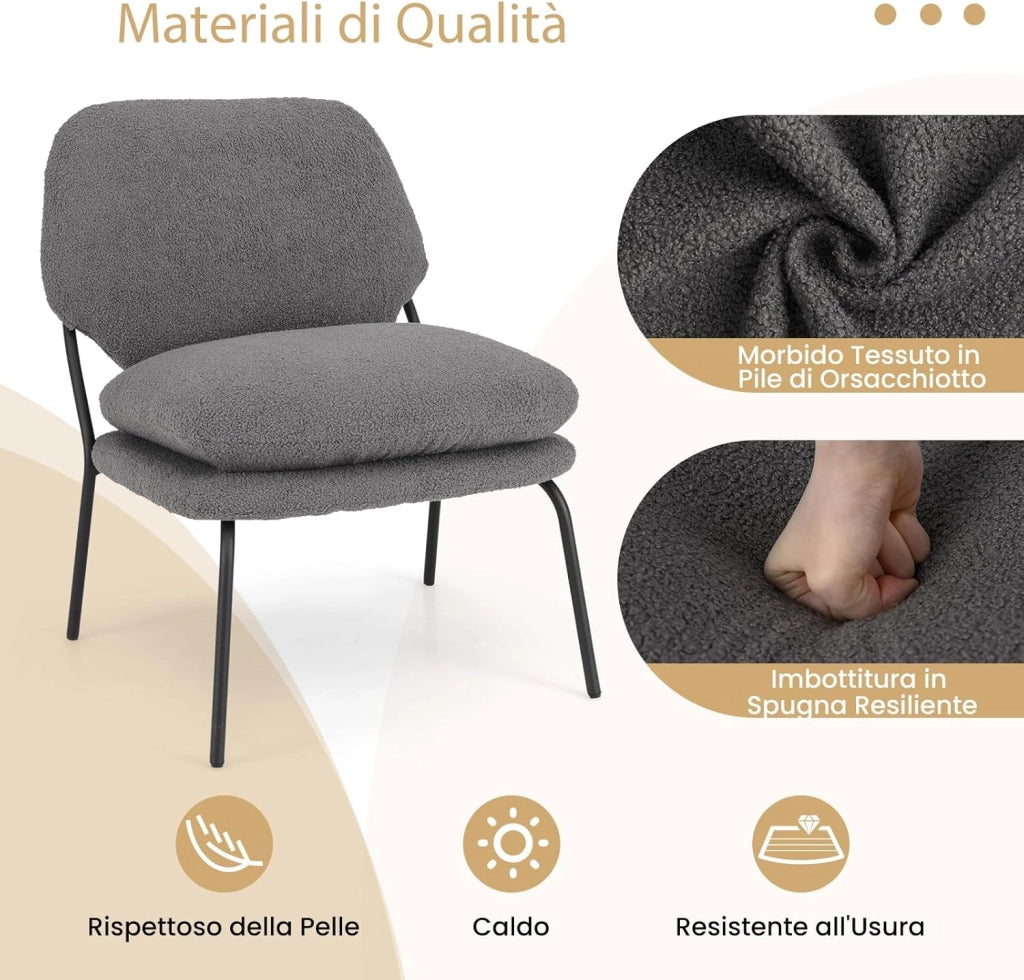 Sedia Sala da Pranzo Imbottita in Tessuto Peluche, Sedia con Cuscino Senza Ruote e Braccioli, Sedia Moderna Comfortevole per Cucina, Salotto, Soggiorno e Camera da Letto, Grigio