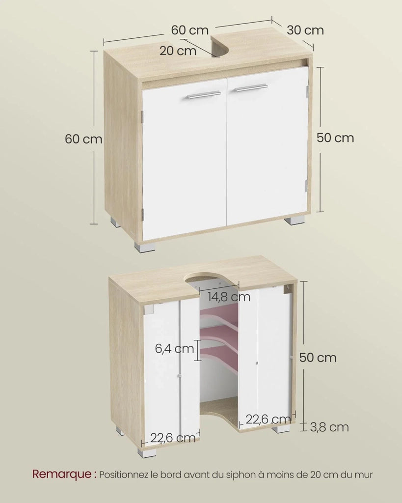 Mobile bagno con 2 vani dietro ante per vari tipi di lavabi con gambe 30 x 60 x 60 cm beige 12_0006534