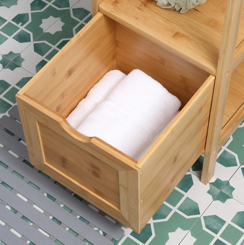 Mobile da bagno alto 30x30x140 cm in bamb¨´ naturale con 3 ripiani e 2 cassetti