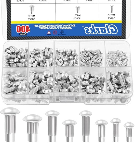 400 pezzi di chiodi a testa rotonda in alluminio solidi M2 M2.5 M3 M4 kit assortito con scatola di conservazione per uso casalingo outdoor ferramenta.