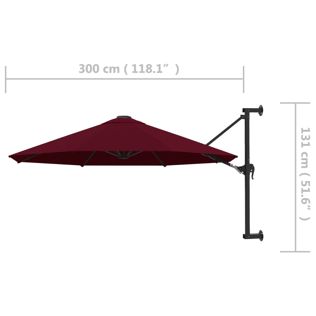 Ombrellone a Muro con Palo in Metallo-Ombrello da giardino 300 cm Rosso Borgogna